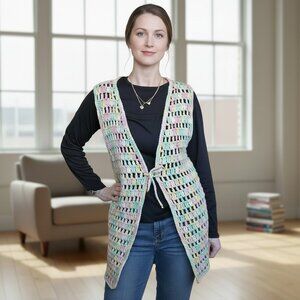 VTG Crochet Long Vest Cardigan Pastel Sz S/M Coquette Grannycore Boho Rainbow